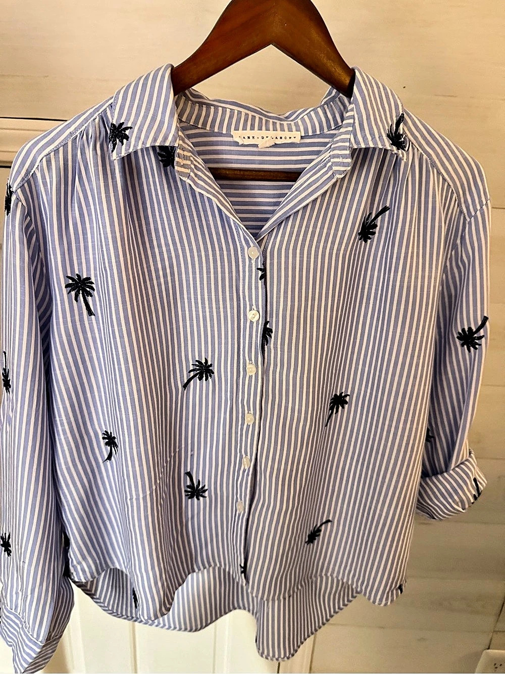 Striped Embroidered Palm Tree Button Down Blue & White
